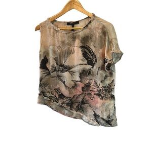 BCBGMAXAZRIA Tan Floral Watercolour Print One Sleeve Short Loose Fit Dressy Top